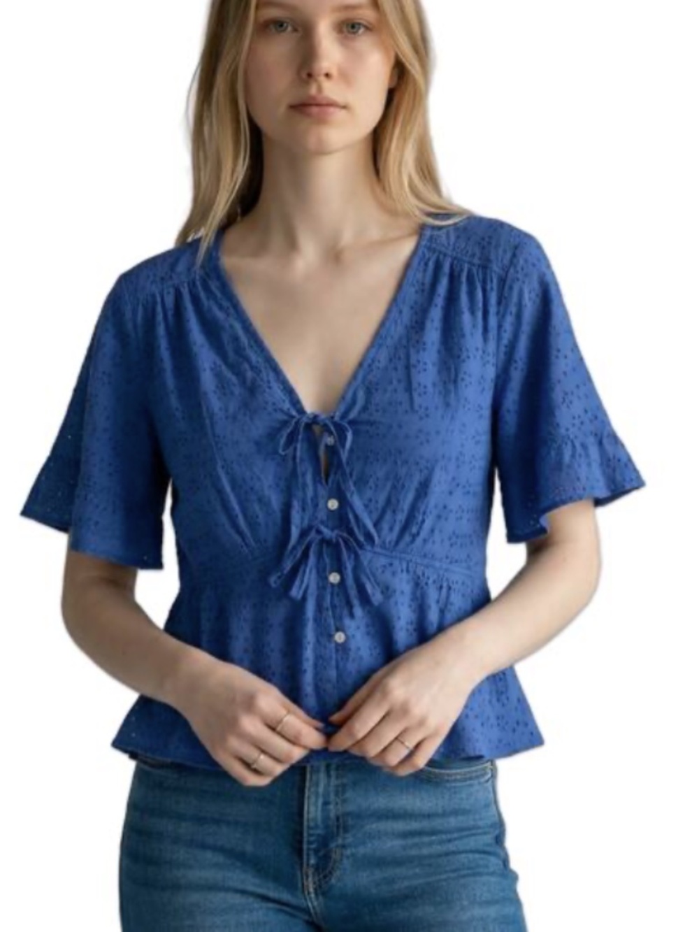 Joie Blue Eyelet Blouse Tie Front Flutter Sleeve Cotton Top Size XL